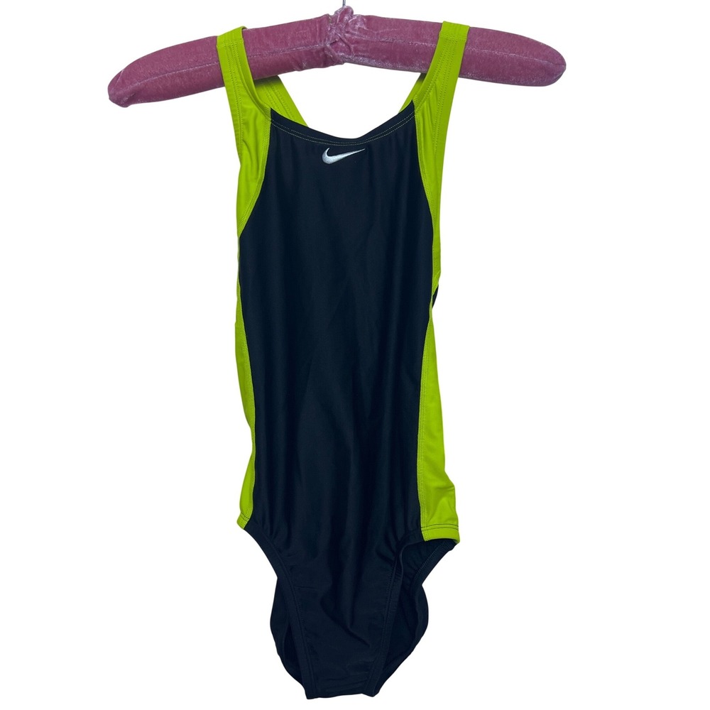 Nike Womens One Piece Swimsuit Black Neon Yellow Racerback 30/4